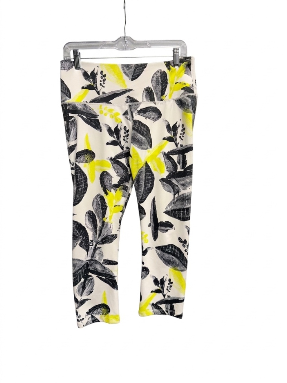 Apana High Waisted Yoga Leggings Large Neon Yellow Black Floral Crop Activewear